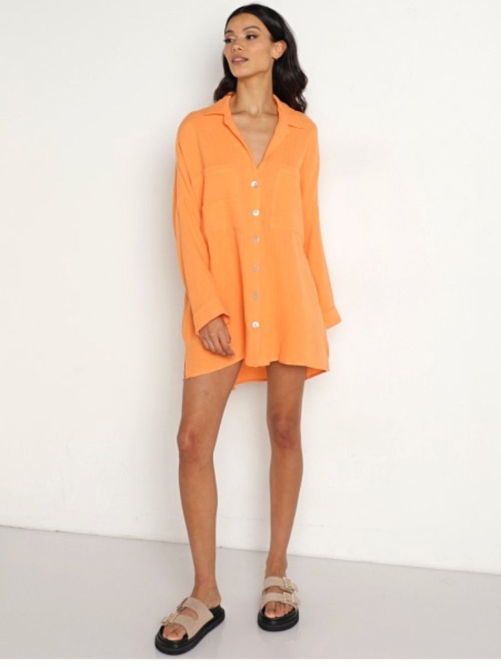 Show Me Your Mumu Johns Button Down Oversized Shirt Dress Tunic Orange Size S